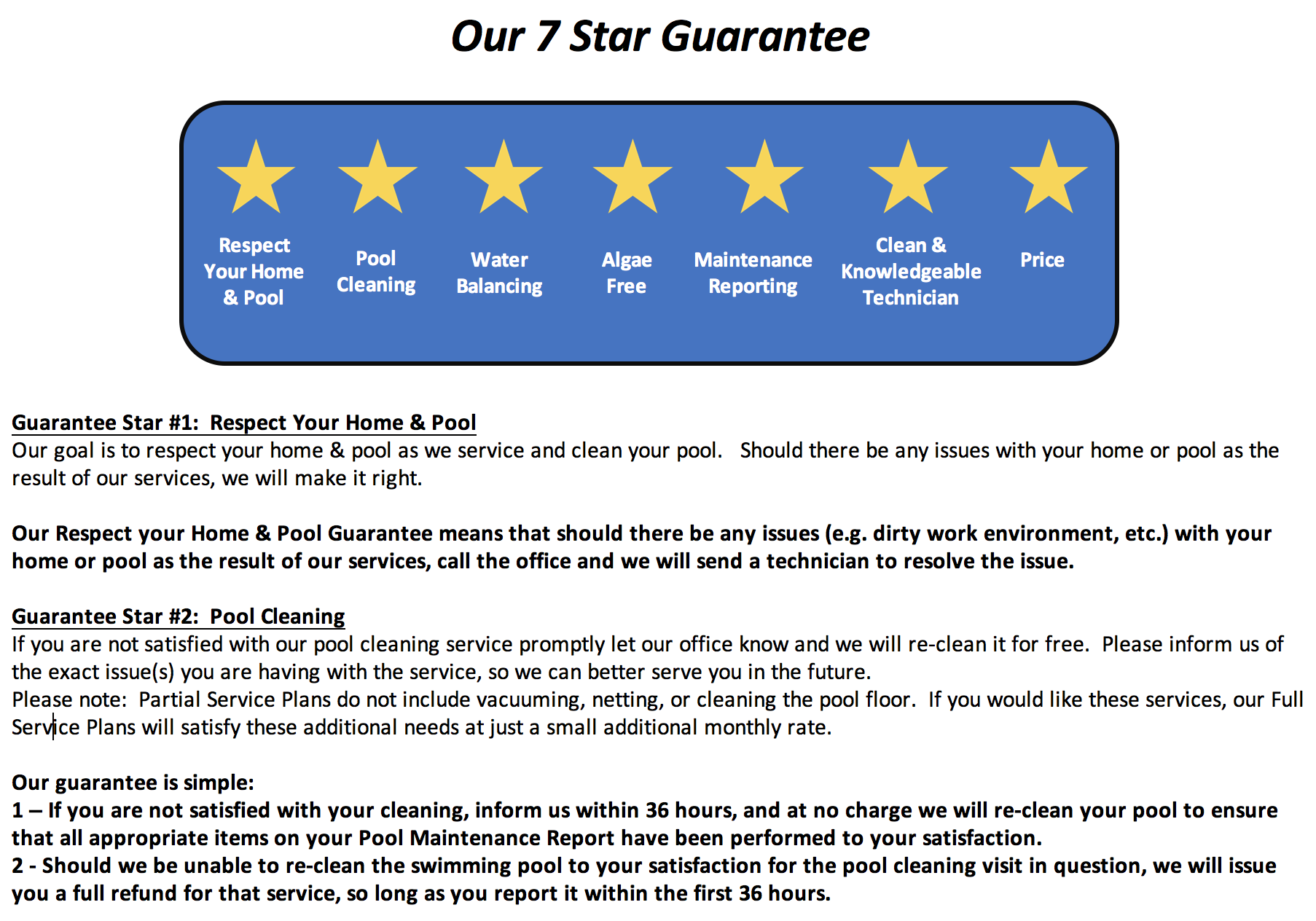 7 Star Tarrytown Pool Service Guarantee
