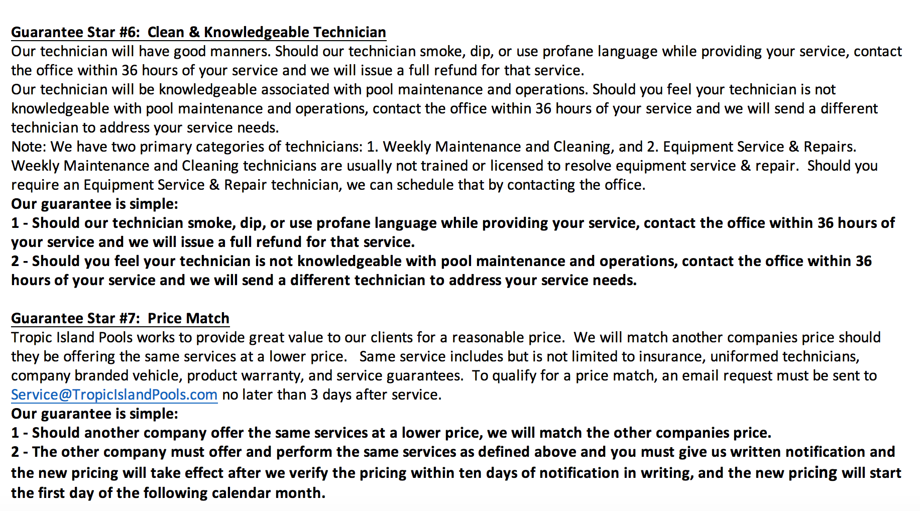 7 Star Tarrytown Pool Service Guarantee
